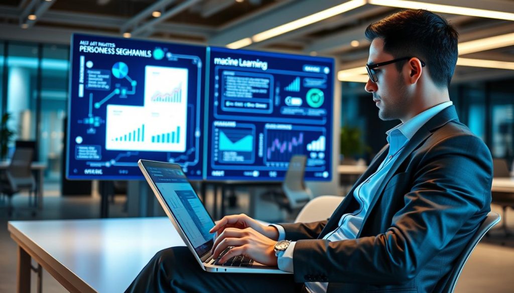 A modern office environment illustrating the concept of machine learning in email marketing. In the foreground, a professional-looking individual in business attire is analyzing data on a laptop, with charts and graphs related to email campaigns displayed on the screen. In the middle, a large digital display showcases vivid representations of personalized emails, incorporating AI algorithms and customer segmentation visuals, glowing with blue and green light. The background features a sleek, tech-themed workspace with soft, ambient lighting, emphasizing a productive atmosphere. The lens should focus tightly on the subject while maintaining a blurred depth for the backdrop, creating a sense of focus and clarity. The overall mood should feel innovative and forward-thinking, capturing the essence of technology transforming email marketing.