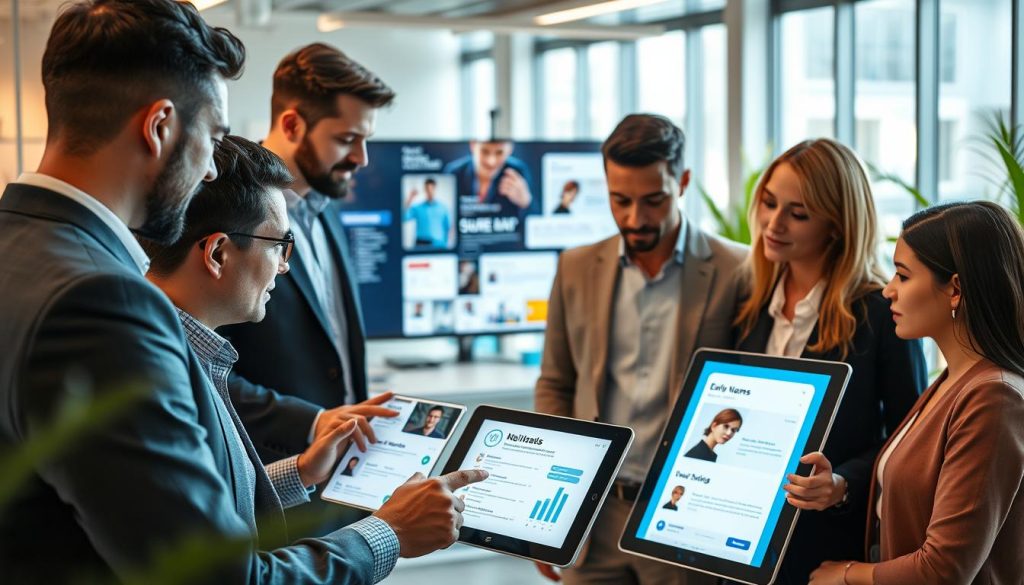 A modern office environment showcasing AI personalization strategies in email marketing. In the foreground, a diverse group of three professionals, two males and one female, engaged in a collaborative discussion around a digital tablet displaying data analytics and email campaign metrics. They are dressed in professional business attire. The middle ground features a large screen displaying visually appealing email designs with personalized elements like names and tailored content. The background shows a sleek office setup with plants and large windows letting in natural light, creating a bright and inviting atmosphere. Use soft, diffused lighting to enhance the professional and innovative mood. The angle is slightly elevated, providing a comprehensive view of the collaborative scene. The focus is on engagement and the integration of AI technology in marketing strategies.