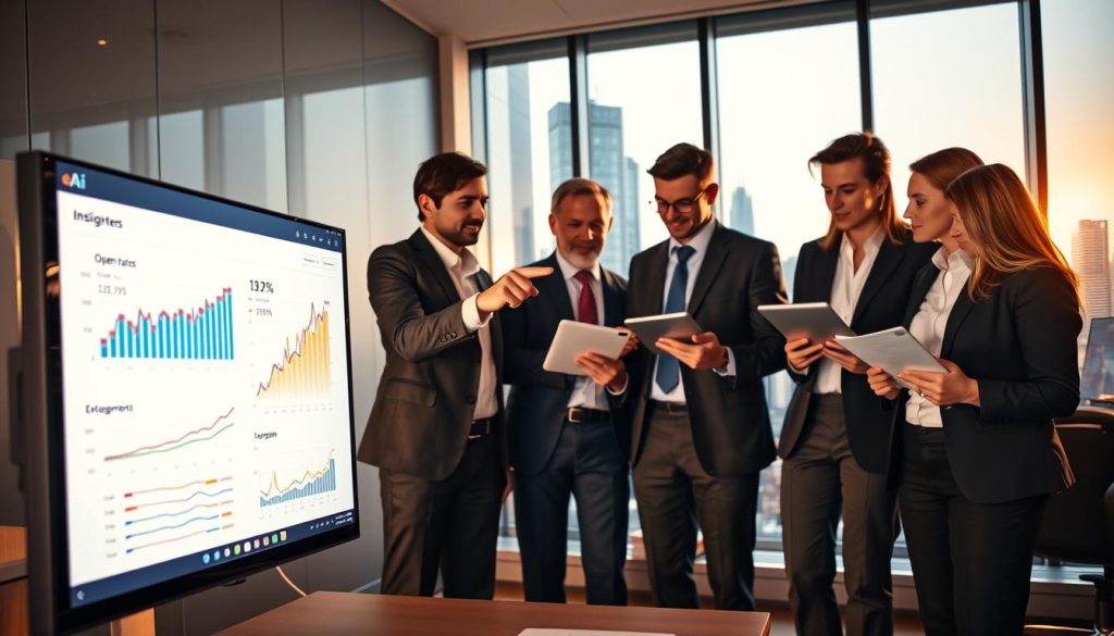 A modern office environment showcasing "data-driven email marketing success metrics." In the foreground, a sleek computer screen displays vibrant graphs and charts depicting open rates and engagement statistics, illuminated by soft, ambient light. In the middle ground, a diverse group of business professionals in smart attire discuss insights, pointing at the screen while holding digital tablets and reports. The background features a large window with a city skyline visible, reflecting a bright and optimistic atmosphere. The lighting is warm and inviting, enhancing a sense of collaboration and innovation. The overall mood is professional and inspiring, emphasizing the effectiveness of AI in improving email marketing strategies.