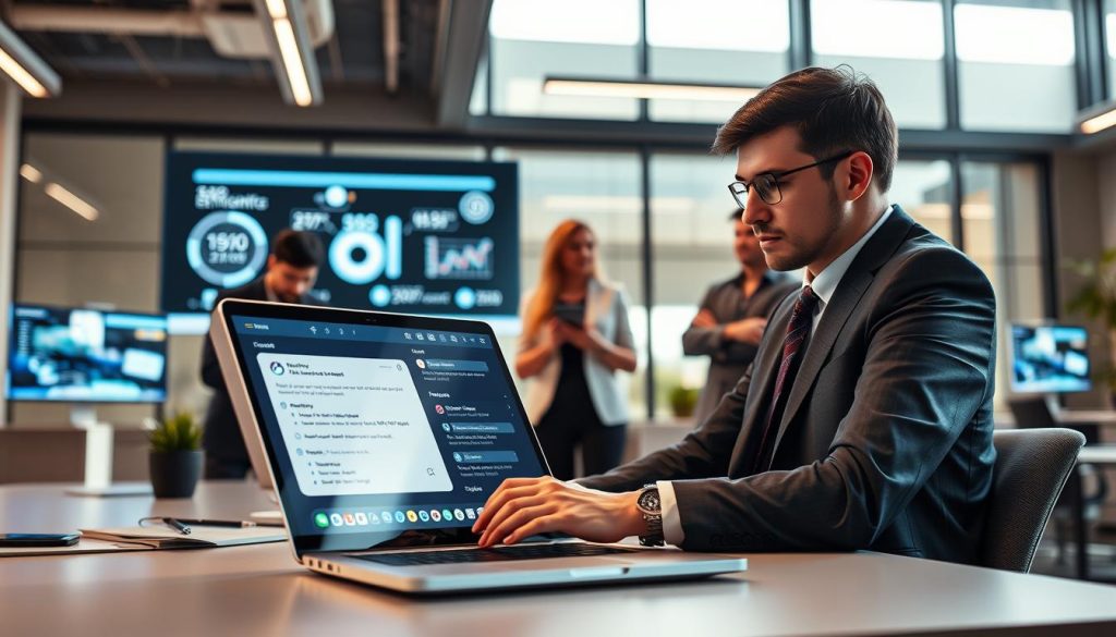 A modern office setting featuring a sleek, high-tech workstation with a laptop displaying an impressive email interface. In the foreground, a professional person in business attire focuses intently on the screen, where an AI-powered email assistant is automating responses. In the middle ground, other employees collaboratively discuss the benefits of AI tools, surrounded by digital displays showcasing efficiency metrics and analytics. The background highlights contemporary office decor, with large windows allowing natural light to illuminate the space, creating a bright and optimistic atmosphere. The camera angle is slightly elevated, providing a comprehensive view of the interactive setup while emphasizing productivity and innovation. The mood is dynamic and inspiring, symbolizing the advantages of AI in streamlining communication.