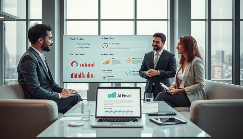A modern office setting illustrating successful AI email implementation in business. In the foreground, a diverse group of three professionals in smart business attire—Caucasian, Black, and Asian—engaged in a discussion around a digital screen displaying positive analytics and success stories. In the middle ground, sleek office furniture with a laptop open, showcasing an AI email generator interface, surrounded by notes and charts highlighting performance metrics. In the background, large windows letting in soft, natural light, with a city skyline visible, creating a bright and optimistic atmosphere. The scene captures the collaborative and innovative spirit of using AI in the workplace, with a focus on professionalism and technological advancement. Soft focus on the background adds depth while keeping the main subjects clear.