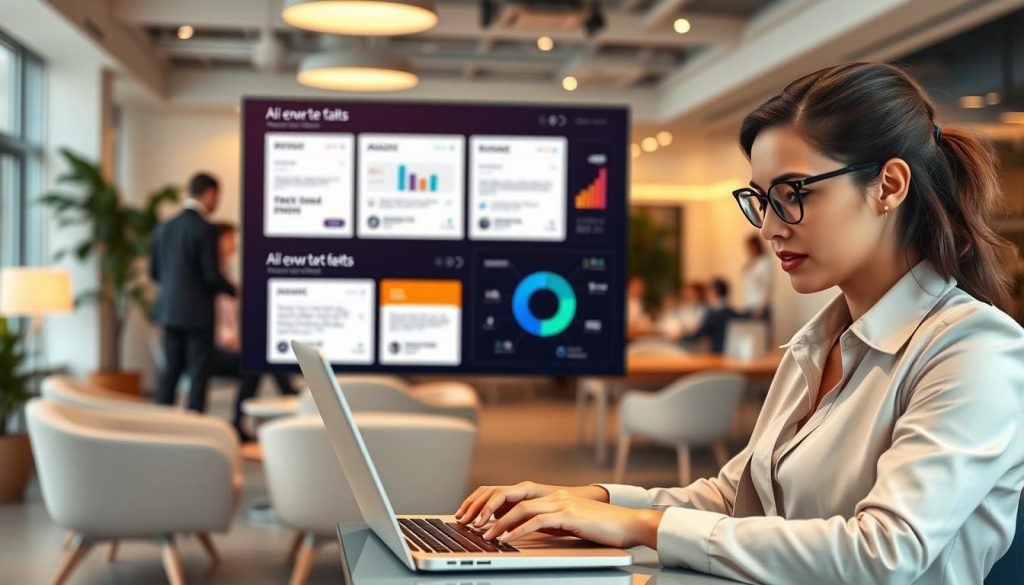 A modern office setting showcasing AI-powered email outreach technology in business communication. In the foreground, a professional businesswoman wearing smart casual attire types on a sleek laptop, her expression focused and engaged. The middle layer features a large screen displaying colorful data analytics and email templates, with sleek designs and graphics indicating AI functions like predictive text and analytics. The background showcases an open office layout with team members collaborating, surrounded by contemporary furniture and soft, warm lighting that creates an inviting atmosphere. The scene captures a sense of innovation and productivity, emphasizing the importance of AI in enhancing business communication, all rendered in a realistic style with a slight depth of field to emphasize the subject.