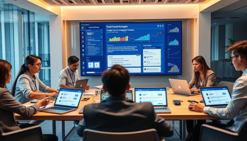 A modern office setting showcasing email marketing strategies. In the foreground, a diverse group of professionals dressed in smart business attire are collaborating around a large table filled with laptops and devices displaying email analytics. The middle ground features a digital screen displaying engaging, personalized email templates with elements like custom greetings and tailored content. In the background, dynamic visuals of data and graphs symbolize improved engagement metrics, with warm, inviting lighting to create a productive atmosphere. The camera angle is slightly elevated, giving a clear view of teamwork while emphasizing the importance of personalization in email marketing. The overall mood is one of innovation and collaboration, reflecting the power of AI in enhancing communication.