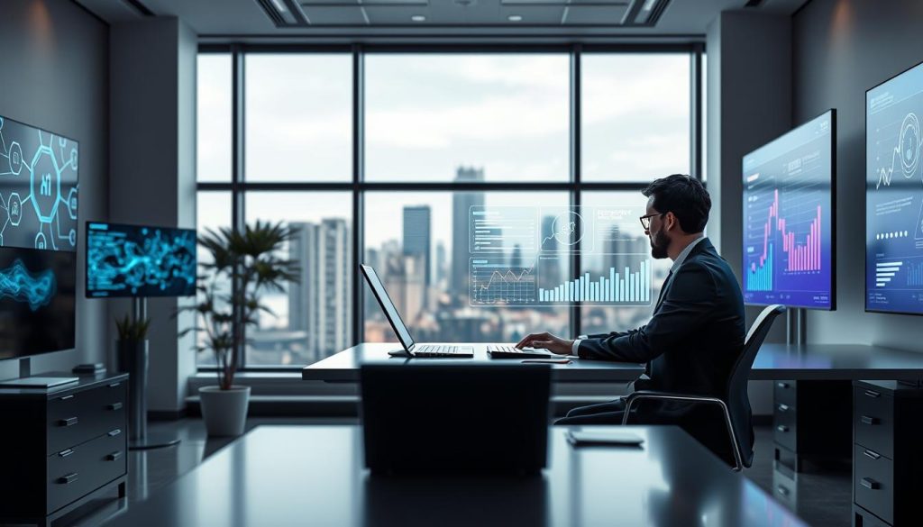 A modern office setting showcasing the concept of AI-driven drip campaign creation with behavioral email triggers. In the foreground, a professional individual in smart business attire is seated at a sleek desk, interacting with a futuristic digital interface composed of vibrant graphs and charts illustrating email sequences and triggers. The middle ground features a large window with a city skyline view, allowing natural light to flood the room, enhancing a productive atmosphere. In the background, subtle hints of AI technology, like glowing circuit patterns and interconnected nodes, can be seen on screens or wall panels, creating an innovative vibe. The overall mood is dynamic and forward-thinking, embodying the synergy between technology and marketing strategy. A modern office setting showcasing the concept of AI-driven drip campaign creation with behavioral email triggers. In the foreground, a professional individual in smart business attire is seated at a sleek desk, interacting with a futuristic digital interface composed of vibrant graphs and charts illustrating email sequences and triggers. The middle ground features a large window with a city skyline view, allowing natural light to flood the room, enhancing a productive atmosphere. In the background, subtle hints of AI technology, like glowing circuit patterns and interconnected nodes, can be seen on screens or wall panels, creating an innovative vibe. The overall mood is dynamic and forward-thinking, embodying the synergy between technology and marketing strategy.