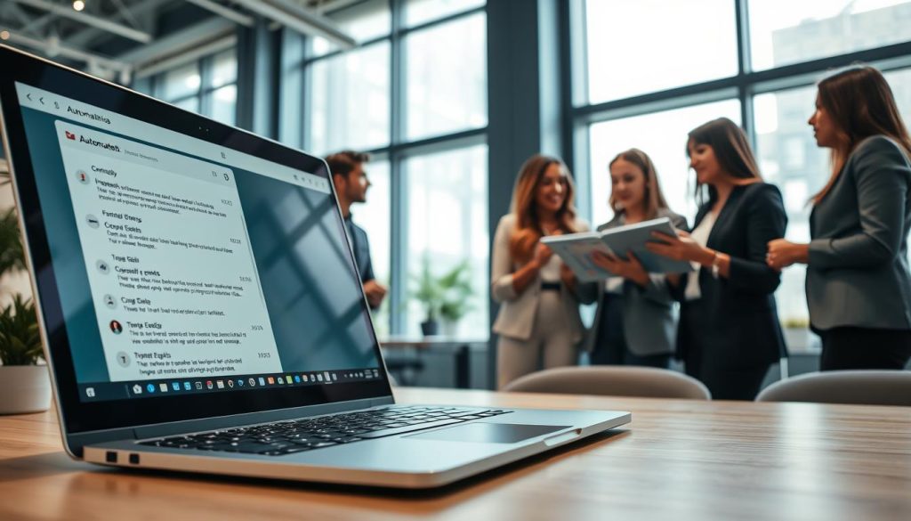 A modern office setting showcasing the impact of email automation tools on workflow efficiency. In the foreground, a sleek laptop displaying an organized inbox filled with automated emails, reflecting AI-generated responses. The middle ground features a diverse group of professionals in business attire, enthusiastically discussing their improved productivity while analyzing charts on a digital tablet. In the background, a bright and open workspace with large windows letting in natural light, enhanced by soft artificial lighting that creates a vibrant atmosphere. The scene captures a sense of collaboration and innovation, emphasizing the positive effects of AI email generators on business operations. Use a wide-angle lens to encompass the dynamic interaction and keep the mood optimistic and forward-thinking.