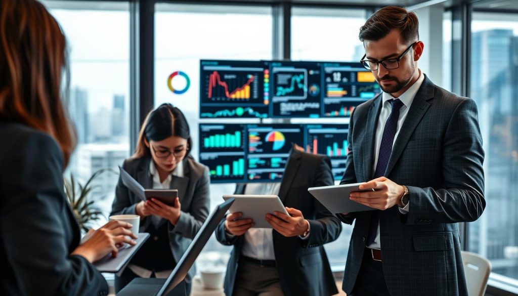 A modern office workspace featuring a diverse team of professionals in business attire, actively engaged in collecting and analyzing data for scalable email personalization technology. In the foreground, an Asian woman is examining charts and graphs on a laptop, while a Caucasian man is inputting data onto a digital tablet. The middle layer displays multiple screens showcasing colorful infographics and live data streams related to email marketing. The background reveals a glass wall overlooking a cityscape, with ambient lighting creating a focused atmosphere. The mood is collaborative and innovative, emphasizing the importance of data collection in effective personalization. Soft, natural light filters through, enhancing the tech-savvy environment, with a slight bokeh effect for a professional finish. A modern office workspace featuring a diverse team of professionals in business attire, actively engaged in collecting and analyzing data for scalable email personalization technology. In the foreground, an Asian woman is examining charts and graphs on a laptop, while a Caucasian man is inputting data onto a digital tablet. The middle layer displays multiple screens showcasing colorful infographics and live data streams related to email marketing. The background reveals a glass wall overlooking a cityscape, with ambient lighting creating a focused atmosphere. The mood is collaborative and innovative, emphasizing the importance of data collection in effective personalization. Soft, natural light filters through, enhancing the tech-savvy environment, with a slight bokeh effect for a professional finish.
