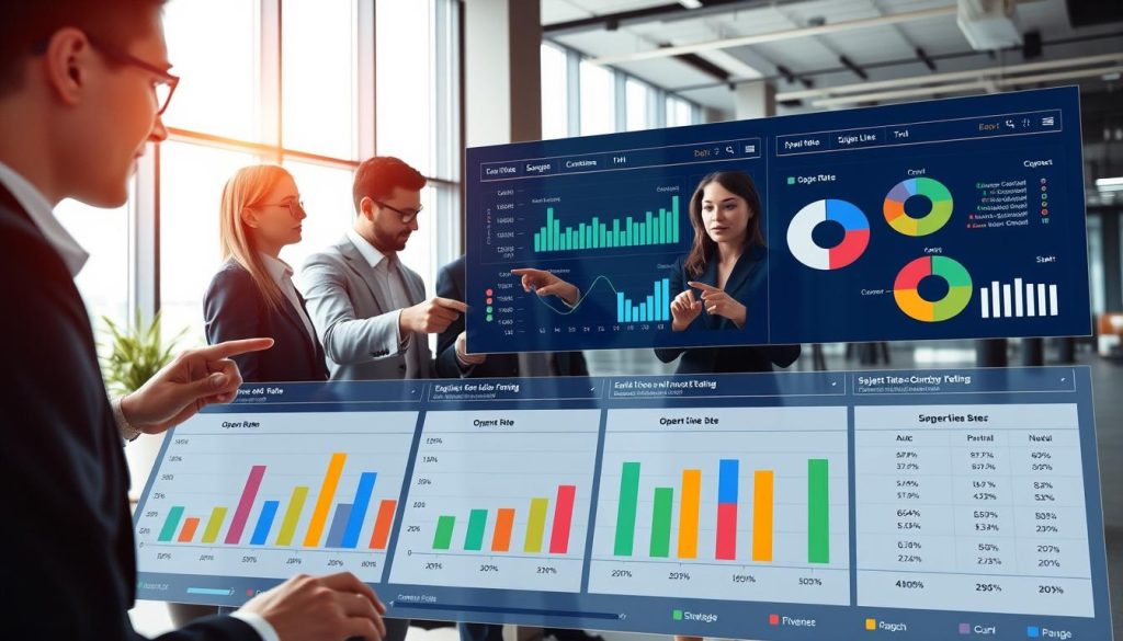 A modern, sleek AI-driven email open rates comparison dashboard fills the foreground, featuring colorful graphs, bar charts, and pie charts displaying varying open rates across different subject lines. In the middle, a professional, diverse group of businesspeople—both men and women in professional attire—analyze the data, pointing and discussing strategies. The background shows a high-tech office environment with large windows, natural light illuminating the space. The image is shot from a slightly elevated angle to capture the dashboard details clearly and highlight the interaction among the team members. A sense of innovation and collaboration fills the atmosphere, conveying the power of AI in optimizing email strategies. A modern, sleek AI-driven email open rates comparison dashboard fills the foreground, featuring colorful graphs, bar charts, and pie charts displaying varying open rates across different subject lines. In the middle, a professional, diverse group of businesspeople—both men and women in professional attire—analyze the data, pointing and discussing strategies. The background shows a high-tech office environment with large windows, natural light illuminating the space. The image is shot from a slightly elevated angle to capture the dashboard details clearly and highlight the interaction among the team members. A sense of innovation and collaboration fills the atmosphere, conveying the power of AI in optimizing email strategies.