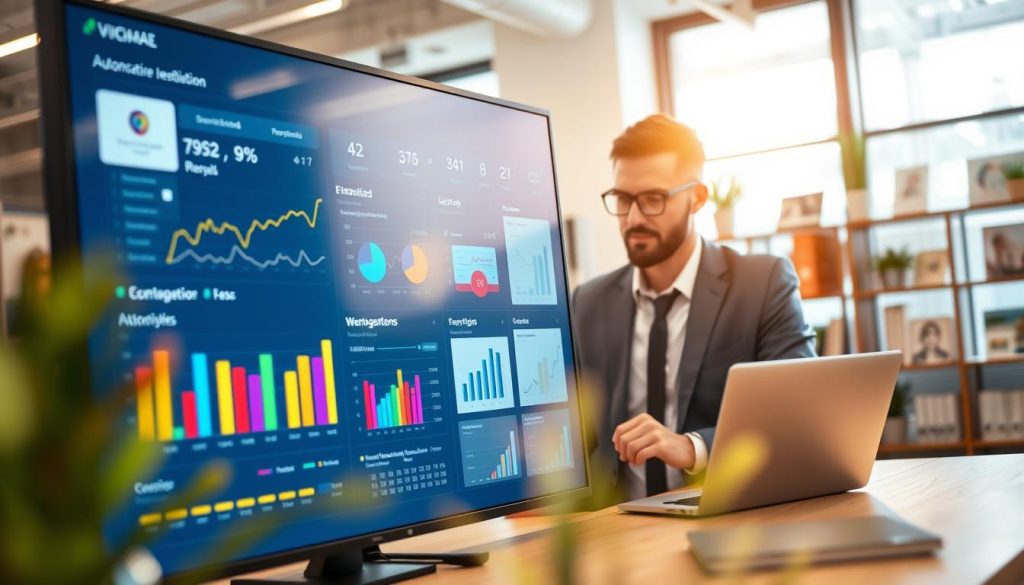 A modern, sleek automated personalized email marketing dashboard displayed on a large, high-resolution screen in a well-lit office environment. In the foreground, focus on colorful graphs, user engagement metrics, and personalized email templates that showcase dynamic interactions. The middle layer features a professional businessperson, dressed in smart casual attire, analyzing data on the dashboard with a thoughtful expression, while using a laptop. In the background, softly blur elements like office plants and shelves filled with marketing materials, emphasizing a productive atmosphere. The lighting is bright and inviting, casting a warm glow that enhances the sense of innovation and efficiency. Capture the mood of professionalism combined with the excitement of cutting-edge technology. A modern, sleek automated personalized email marketing dashboard displayed on a large, high-resolution screen in a well-lit office environment. In the foreground, focus on colorful graphs, user engagement metrics, and personalized email templates that showcase dynamic interactions. The middle layer features a professional businessperson, dressed in smart casual attire, analyzing data on the dashboard with a thoughtful expression, while using a laptop. In the background, softly blur elements like office plants and shelves filled with marketing materials, emphasizing a productive atmosphere. The lighting is bright and inviting, casting a warm glow that enhances the sense of innovation and efficiency. Capture the mood of professionalism combined with the excitement of cutting-edge technology.