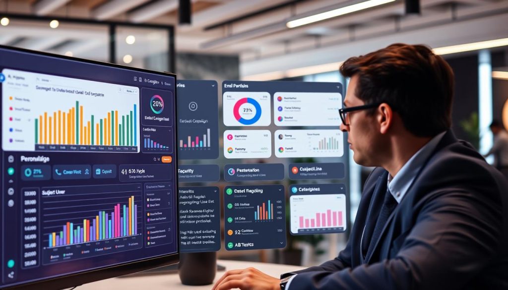 A modern, sleek dashboard for an AI-driven bulk email personalization tool, showcasing multiple data panels displaying analytics, segmented user lists, and customizable templates. In the foreground, a large screen highlights an email campaign overview, featuring vibrant graphs and pie charts illustrating engagement metrics. In the middle, various widgets show options for personalization, subject line optimization, and A/B testing results. The background features a stylish office environment, with a professional business person in smart attire, intently analyzing the dashboard's data. Soft ambient lighting creates a focused yet inviting atmosphere, enhancing the sense of innovation and efficiency. The perspective is from a slightly elevated angle, providing a comprehensive view of the dashboard.