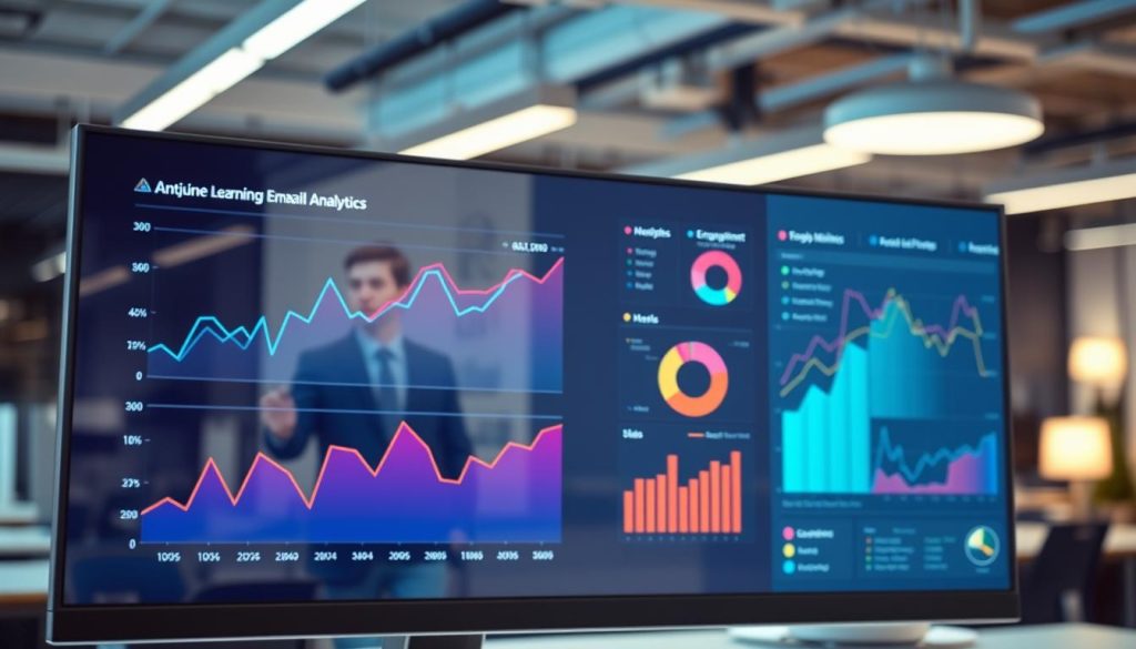 A modern, sleek machine learning email analytics dashboard displayed on a high-resolution computer monitor. The foreground features vibrant graphs and metrics illustrating engagement predictions, with colored line graphs trending upwards, pie charts depicting audience segmentation, and heatmaps showing user interaction. In the middle ground, an office environment is visible with subtle reflections on the monitor, and a soft-focus of a professional wearing business attire, intently analyzing the data. The background is filled with a modern workspace, subtly lit with ambient lighting that creates a productive atmosphere. The scene is captured from a slightly elevated angle, emphasizing the dashboard, with a cool color palette to convey a high-tech feel, accentuating the theme of artificial intelligence in data analysis. A modern, sleek machine learning email analytics dashboard displayed on a high-resolution computer monitor. The foreground features vibrant graphs and metrics illustrating engagement predictions, with colored line graphs trending upwards, pie charts depicting audience segmentation, and heatmaps showing user interaction. In the middle ground, an office environment is visible with subtle reflections on the monitor, and a soft-focus of a professional wearing business attire, intently analyzing the data. The background is filled with a modern workspace, subtly lit with ambient lighting that creates a productive atmosphere. The scene is captured from a slightly elevated angle, emphasizing the dashboard, with a cool color palette to convey a high-tech feel, accentuating the theme of artificial intelligence in data analysis.
