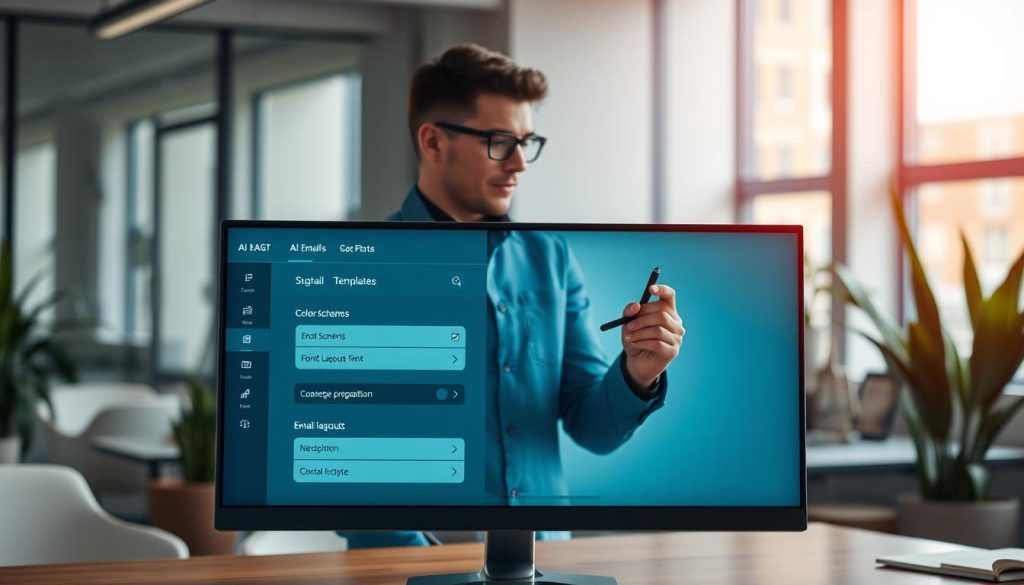 A modern workspace featuring a customizable AI email tools interface displayed on a sleek computer monitor at the foreground. The screen shows various options for personalizing email templates, including color schemes, fonts, and layouts. In the middle, a professional in smart casual attire is interacting with the interface, thoughtfully adjusting settings with a stylus or mouse. The background includes a contemporary office environment with soft, diffused lighting to create a warm and inviting atmosphere. A large window provides natural light, and plants add a touch of greenery, emphasizing innovation and productivity. The overall mood is collaborative and forward-thinking, highlighting the importance of adaptability in technology. A modern workspace featuring a customizable AI email tools interface displayed on a sleek computer monitor at the foreground. The screen shows various options for personalizing email templates, including color schemes, fonts, and layouts. In the middle, a professional in smart casual attire is interacting with the interface, thoughtfully adjusting settings with a stylus or mouse. The background includes a contemporary office environment with soft, diffused lighting to create a warm and inviting atmosphere. A large window provides natural light, and plants add a touch of greenery, emphasizing innovation and productivity. The overall mood is collaborative and forward-thinking, highlighting the importance of adaptability in technology.