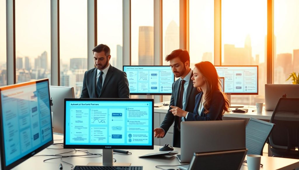 A polished, professional office scene depicting an automated email content revision process workflow. In the foreground, a diverse group of three business professionals (two men and one woman) in business attire, attentively analyzing computer screens displaying visual diagrams of email revisions. In the middle ground, sleek, modern workstations filled with high-tech laptops and monitors showcasing graphs and flowcharts related to AI rewriting emails. The background features a large glass wall with a view of a city skyline, bathed in warm daylight, creating a motivational atmosphere. The lighting is bright but soft, highlighting the professionals' focused expressions, emphasizing innovation and collaboration. The overall mood is one of progress, efficiency, and modern technology.