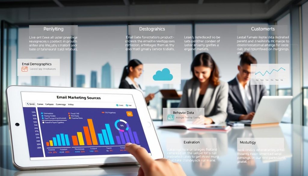 A professional infographic illustrating various email marketing data collection sources and types, set in a sleek, modern office environment. In the foreground, a digital tablet displays colorful graphs and charts representing customer demographics, behavior data, and engagement metrics. In the middle, a diverse group of three business professionals, dressed in smart attire, discusses strategies with data on notebooks and laptops visible. The background features a large glass window with a city skyline, creating a bright and inspiring atmosphere. The overall lighting is soft and natural, enhancing clarity and focus on the data elements. The image should convey professionalism, innovation, and the importance of data in AI email personalization. A professional infographic illustrating various email marketing data collection sources and types, set in a sleek, modern office environment. In the foreground, a digital tablet displays colorful graphs and charts representing customer demographics, behavior data, and engagement metrics. In the middle, a diverse group of three business professionals, dressed in smart attire, discusses strategies with data on notebooks and laptops visible. The background features a large glass window with a city skyline, creating a bright and inspiring atmosphere. The overall lighting is soft and natural, enhancing clarity and focus on the data elements. The image should convey professionalism, innovation, and the importance of data in AI email personalization.