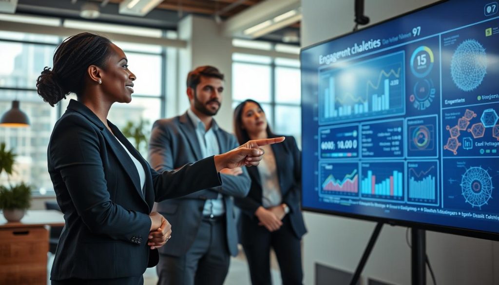 A professional office environment focused on email marketing challenges, featuring a diverse team of three business professionals analyzing data on a large screen. In the foreground, one person, a Black woman in business attire, points to a digital representation of engagement metrics. In the middle, a Caucasian man and an Asian woman discuss strategies, surrounded by charts, algorithms, and AI elements like neural networks, all projected on the walls. The background shows a modern workspace with large windows letting in natural light, creating a bright and open atmosphere. The mood is focused and analytical, capturing the difficulties faced in implementing AI for email marketing engagement analysis, with a subtle depth of field that emphasizes the details in the foreground. A professional office environment focused on email marketing challenges, featuring a diverse team of three business professionals analyzing data on a large screen. In the foreground, one person, a Black woman in business attire, points to a digital representation of engagement metrics. In the middle, a Caucasian man and an Asian woman discuss strategies, surrounded by charts, algorithms, and AI elements like neural networks, all projected on the walls. The background shows a modern workspace with large windows letting in natural light, creating a bright and open atmosphere. The mood is focused and analytical, capturing the difficulties faced in implementing AI for email marketing engagement analysis, with a subtle depth of field that emphasizes the details in the foreground.