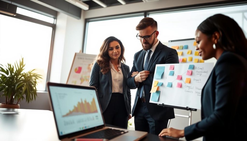 A professional office setting featuring a diverse team of three business individuals collaboratively discussing an AI-driven email campaign strategy. In the foreground, a laptop displays graphs and analytics, emphasizing data-driven decisions. The middle ground showcases a whiteboard filled with colorful post-it notes illustrating the campaign flow. In the background, a large window lets in soft, natural sunlight, creating a bright and inviting atmosphere. The scene captures an air of innovation and teamwork, with the individuals dressed in smart business attire, focused and engaged in their discussion. The lighting is warm, emphasizing a productive and inspiring workplace. Use a slightly elevated angle to give depth to the setting, showcasing both interaction and technology seamlessly.