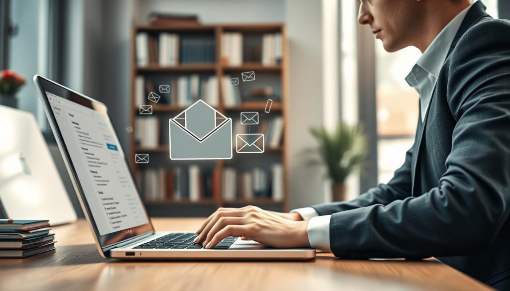 A professional office setting with a modern desk featuring a laptop displaying an inbox filled with emails, illuminated by soft, natural light coming through a nearby window. In the foreground, a business professional in smart-casual attire is shown focused on the screen, fingers poised over the keyboard, contemplating the use of AI technology. In the middle, digital icons of chatbots and AI algorithms float around the laptop, symbolizing efficiency and advanced capabilities. The background features a blurred bookshelf filled with books on technology and communication, enhancing the sense of a knowledgeable workspace. The atmosphere is energetic yet calm, emphasizing productivity and innovation in email communication. The angle is slightly elevated, capturing both the subject and the technological elements harmoniously.