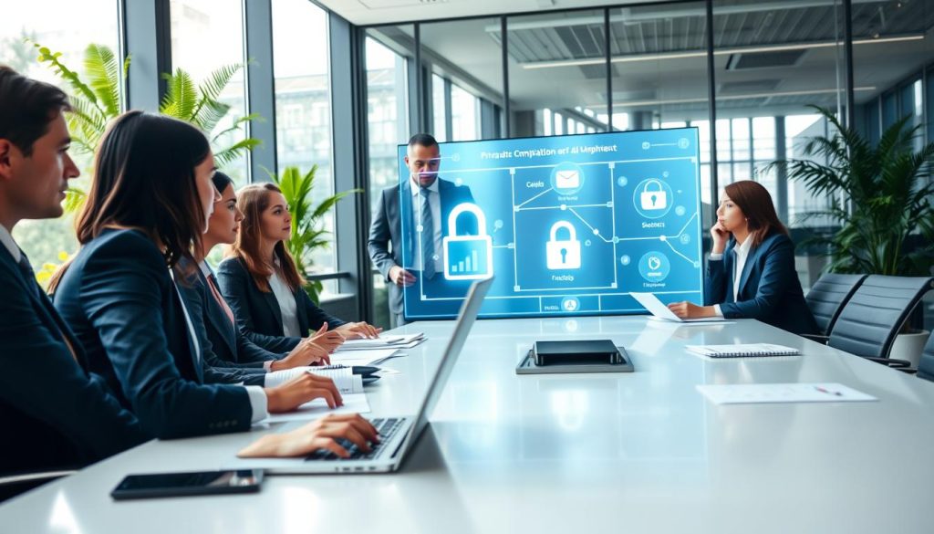 A professional setting depicting privacy compliance in AI-driven email marketing. In the foreground, a diverse group of business professionals, dressed in professional attire, are engaged in a discussion around a sleek conference table filled with documents and a laptop displaying data analytics. In the middle, an illuminated chart on a digital screen illustrates the concept of data protection and compliance, with elements like locked data icons and secure email symbols. The background offers a modern office environment with glass walls and greenery, emphasizing transparency and trust. Soft, natural lighting from large windows creates a professional atmosphere, while a low angle shot captures the collaborative spirit and urgency of addressing privacy considerations in AI marketing. A professional setting depicting privacy compliance in AI-driven email marketing. In the foreground, a diverse group of business professionals, dressed in professional attire, are engaged in a discussion around a sleek conference table filled with documents and a laptop displaying data analytics. In the middle, an illuminated chart on a digital screen illustrates the concept of data protection and compliance, with elements like locked data icons and secure email symbols. The background offers a modern office environment with glass walls and greenery, emphasizing transparency and trust. Soft, natural lighting from large windows creates a professional atmosphere, while a low angle shot captures the collaborative spirit and urgency of addressing privacy considerations in AI marketing.