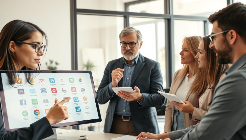 A professional workspace featuring a diverse group of individuals collaborating on a digital device to choose AI tools for email generation. In the foreground, a focused young woman in business attire is actively pointing at a screen filled with various AI tool icons. In the middle, a middle-aged man in smart casual clothing is pondering thoughtfully with a notepad, while another colleague gestures, sharing insights. In the background, a large window allows natural light to flood the room, creating an inviting atmosphere. The overall mood is collaborative and innovative, reflecting a productive brainstorming session. Use a wide-angle lens to capture the dynamics of the group and the tech-savvy environment, with soft lighting to enhance the professional yet approachable vibe. A professional workspace featuring a diverse group of individuals collaborating on a digital device to choose AI tools for email generation. In the foreground, a focused young woman in business attire is actively pointing at a screen filled with various AI tool icons. In the middle, a middle-aged man in smart casual clothing is pondering thoughtfully with a notepad, while another colleague gestures, sharing insights. In the background, a large window allows natural light to flood the room, creating an inviting atmosphere. The overall mood is collaborative and innovative, reflecting a productive brainstorming session. Use a wide-angle lens to capture the dynamics of the group and the tech-savvy environment, with soft lighting to enhance the professional yet approachable vibe.