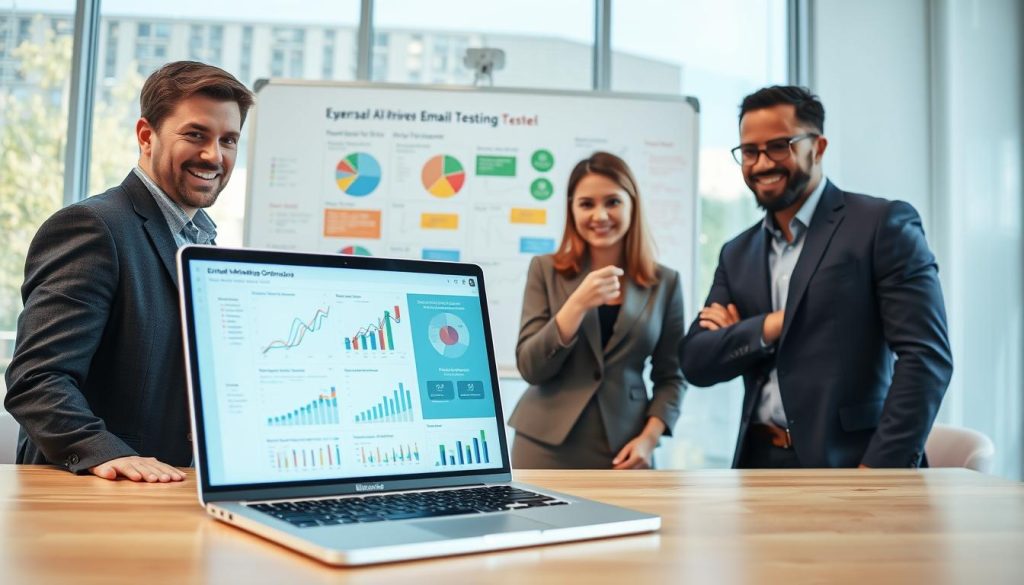 A professional workspace featuring a modern laptop displaying dynamic graphs and analytical data related to email marketing optimization. The foreground includes a confident, diverse group of three business professionals—two men and one woman—in smart casual attire, engaged in a discussion about their email strategies, with one pointing at the screen. In the middle background, a large whiteboard filled with colorful charts and notes on best practices for AI-driven email testing techniques. The setting is well-lit with soft natural sunlight filtering in through large windows, creating a productive and collaborative atmosphere. The focus is clear, evoking a sense of innovation and forward-thinking in digital marketing. A professional workspace featuring a modern laptop displaying dynamic graphs and analytical data related to email marketing optimization. The foreground includes a confident, diverse group of three business professionals—two men and one woman—in smart casual attire, engaged in a discussion about their email strategies, with one pointing at the screen. In the middle background, a large whiteboard filled with colorful charts and notes on best practices for AI-driven email testing techniques. The setting is well-lit with soft natural sunlight filtering in through large windows, creating a productive and collaborative atmosphere. The focus is clear, evoking a sense of innovation and forward-thinking in digital marketing.