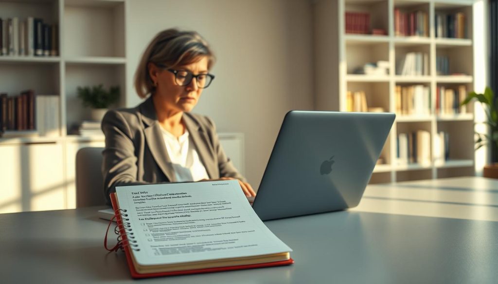 A serene office environment showcases a thoughtful professional, dressed in business attire, sitting at a sleek desk with a laptop open. The foreground features the individual, a middle-aged woman with glasses, deep in contemplation as she reviews an email on the screen. In the middle ground, there's a notepad filled with ethical considerations and checklists related to personalized email generation. Soft, natural lighting streams in from a nearby window, casting gentle shadows and creating an inviting atmosphere. The background includes shelves lined with books on AI ethics and communication strategies, emphasizing the complexities of the topic. The overall mood conveys a sense of responsibility and introspection, highlighting the critical ethical facets surrounding AI-generated content.