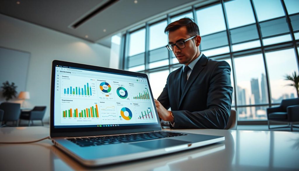 A sleek AI demographic analysis dashboard sits at the forefront, showcasing colorful, interactive graphs and charts representing customer segmentation. In the foreground, a modern laptop displays data visualizations with a blend of vibrant blue, green, and orange hues, emphasizing different demographic groups. In the middle ground, a professional-looking individual in smart business attire, focused and engaged, interacts with the dashboard, analyzing the data deeply. The background features a minimalist office space with soft ambient lighting, giving a sense of professionalism and innovation. A large window reveals a city skyline, suggesting a connection to the external market. The atmosphere is dynamic and forward-thinking, illustrating the power of AI in audience segmentation. The composition is captured in crisp detail, with a slight fisheye lens effect that adds depth to the dashboard. A sleek AI demographic analysis dashboard sits at the forefront, showcasing colorful, interactive graphs and charts representing customer segmentation. In the foreground, a modern laptop displays data visualizations with a blend of vibrant blue, green, and orange hues, emphasizing different demographic groups. In the middle ground, a professional-looking individual in smart business attire, focused and engaged, interacts with the dashboard, analyzing the data deeply. The background features a minimalist office space with soft ambient lighting, giving a sense of professionalism and innovation. A large window reveals a city skyline, suggesting a connection to the external market. The atmosphere is dynamic and forward-thinking, illustrating the power of AI in audience segmentation. The composition is captured in crisp detail, with a slight fisheye lens effect that adds depth to the dashboard.