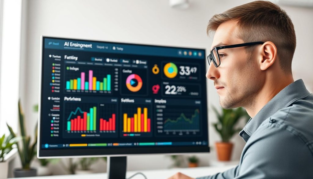 A sleek AI email content creation optimization dashboard displayed on a high-resolution computer monitor. In the foreground, the dashboard shows colorful A/B testing graphs, pie charts, and various performance metrics, all set against a light, modern workspace background. In the middle, a professional business analyst, dressed in smart attire, intently examines the data, their face illuminated by the soft glow of the screen. The background features a minimalistic office setting with some plants and bookshelves, ensuring a fresh, inviting atmosphere. The lighting is bright and airy, suggesting productivity and innovation. The camera angle captures the analyst's focused expression, highlighting their engagement with the cutting-edge technology.