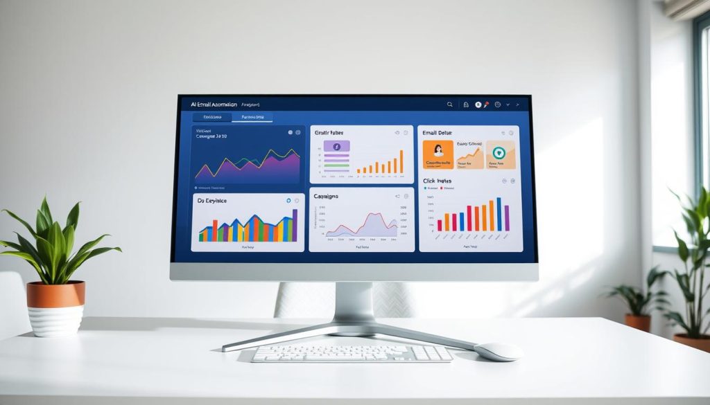 A sleek and modern AI email marketing automation dashboard displayed on a high-resolution monitor. The foreground features colorful graphs and charts showcasing email open rates, click-through rates, and subscriber engagement metrics. In the middle ground, an intuitive interface with user-friendly icons and buttons for managing campaigns and audience segmentation. The background consists of a bright, well-lit home office environment with a contemporary desk and a potted plant for a touch of greenery. Soft, diffused lighting creates a professional yet inviting atmosphere. The scene captures the essence of technology-enhanced marketing, promoting efficiency and innovation in digital communication.