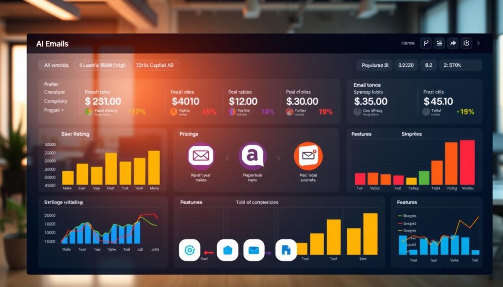 A sleek and modern dashboard displaying a comparison of various AI email writing tools. In the foreground, feature colorful graphs and charts, each highlighting distinct metrics such as user ratings, pricing, and features. In the middle ground, depict icons representing popular tools like "Tool A," "Tool B," and "Tool C," organized systematically for clarity. The background can include a soft-focus office setting, emphasizing a professional atmosphere with warm, natural lighting streaming through a window. Use a slight overhead angle to capture the layout of the dashboard. The overall mood should be informative and engaging, suitable for a tech-savvy audience looking for insights into email generation tools.