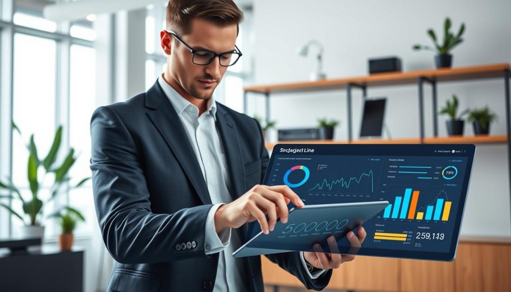 A sleek and modern dashboard showcasing artificial intelligence for email marketing optimization. In the foreground, a high-tech interface displays colorful data visualizations, including charts and graphs analyzing email subject line performance metrics. In the middle, a well-dressed business professional, wearing a smart suit, interacts with the dashboard on a digital tablet, their face focused and engaged. The background features a bright and futuristic office space with large windows letting in natural light, illuminating the scene. The atmosphere is professional and innovative, conveying a sense of advanced technology and efficiency. The shelf in the background holds plants and high-tech devices, enhancing the modern workspace look. A sleek and modern dashboard showcasing artificial intelligence for email marketing optimization. In the foreground, a high-tech interface displays colorful data visualizations, including charts and graphs analyzing email subject line performance metrics. In the middle, a well-dressed business professional, wearing a smart suit, interacts with the dashboard on a digital tablet, their face focused and engaged. The background features a bright and futuristic office space with large windows letting in natural light, illuminating the scene. The atmosphere is professional and innovative, conveying a sense of advanced technology and efficiency. The shelf in the background holds plants and high-tech devices, enhancing the modern workspace look.