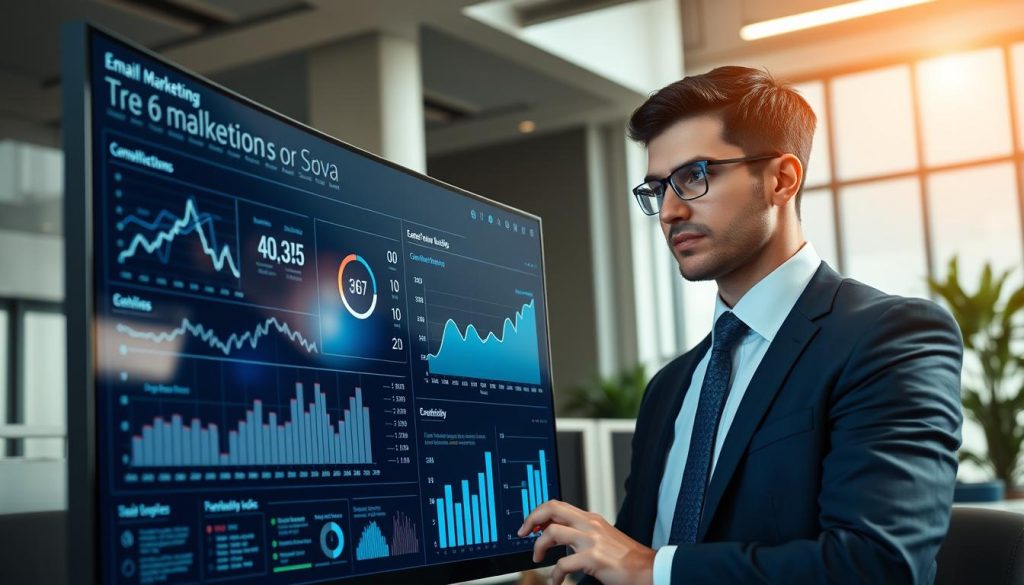 A sleek and modern digital dashboard showcasing artificial intelligence email targeting technology. In the foreground, a high-resolution computer screen displays intricate graphs, analytics, and user engagement metrics related to email marketing. The middle ground features a professional user, dressed in smart business attire, intently analyzing the data on the screen with a focused expression. The background is a contemporary office environment with soft, natural lighting filtering through large windows, creating a productive and inspiring atmosphere. The overall mood is one of innovation and efficiency, emphasizing the powerful role of AI in streamlining marketing automation processes. The image should capture the dynamic interplay between technology and marketing strategy, with a clean, polished aesthetic. A sleek and modern digital dashboard showcasing artificial intelligence email targeting technology. In the foreground, a high-resolution computer screen displays intricate graphs, analytics, and user engagement metrics related to email marketing. The middle ground features a professional user, dressed in smart business attire, intently analyzing the data on the screen with a focused expression. The background is a contemporary office environment with soft, natural lighting filtering through large windows, creating a productive and inspiring atmosphere. The overall mood is one of innovation and efficiency, emphasizing the powerful role of AI in streamlining marketing automation processes. The image should capture the dynamic interplay between technology and marketing strategy, with a clean, polished aesthetic.