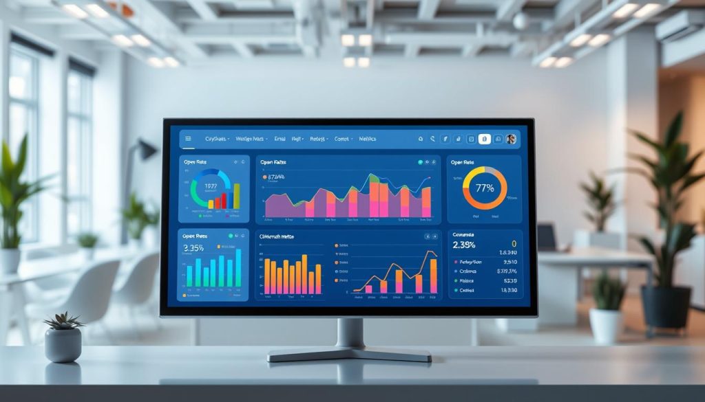 A sleek and modern email marketing automation tools analytics dashboard, prominently displayed against a clean, tech-inspired workspace background. In the foreground, various charts and graphs depicting email performance metrics are visible, including open rates, click-through rates, and conversion metrics, all with vibrant colors and clear labeling. The middle layer features a high-resolution screen showcasing the dashboard interface, complete with intuitive icons and buttons, illuminated by soft LED lighting to create a professional and focused atmosphere. The background depicts a blurred office environment filled with minimalistic furniture and potted plants, emphasizing a sense of innovation and productivity. The overall mood is one of efficiency and clarity, suitable for a tech-savvy audience.