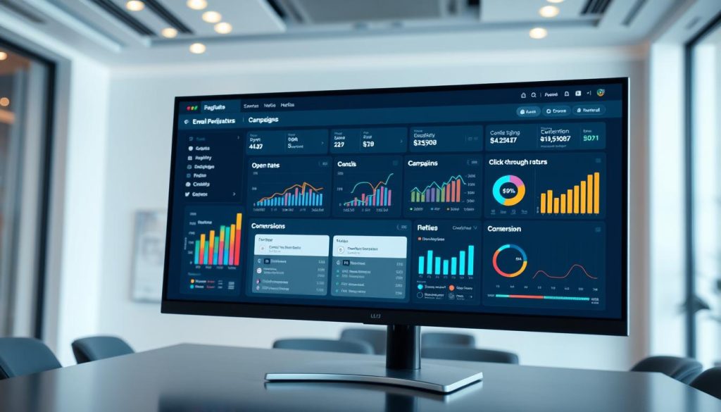 A sleek and modern email performance metrics dashboard displayed on a high-resolution monitor. In the foreground, various colorful graphs and charts showcase campaign analytics, including open rates, click-through rates, and conversion figures, with distinct data visualizations like bar graphs and pie charts. The middle section features detailed performance summaries with icons representing email templates. The background consists of an elegant, minimalist office setting with ambient lighting that emphasizes the tech-savvy atmosphere. Capture the scene from a slight angle, using a shallow depth of field to focus on the dashboard while softly blurring the surrounding environment, creating a professional and analytical mood. A sleek and modern email performance metrics dashboard displayed on a high-resolution monitor. In the foreground, various colorful graphs and charts showcase campaign analytics, including open rates, click-through rates, and conversion figures, with distinct data visualizations like bar graphs and pie charts. The middle section features detailed performance summaries with icons representing email templates. The background consists of an elegant, minimalist office setting with ambient lighting that emphasizes the tech-savvy atmosphere. Capture the scene from a slight angle, using a shallow depth of field to focus on the dashboard while softly blurring the surrounding environment, creating a professional and analytical mood.
