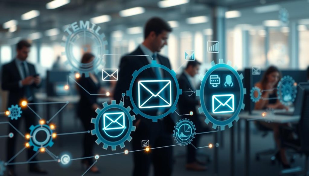 A sleek, digitally-rendered illustration depicting an automated email marketing workflow, focused on subscriber retention using AI solutions. In the foreground, show a visually striking, interconnected network of gears and circuits symbolizing automation, with glowing nodes representing various stages of the email marketing process. The middle layer features abstract representations of emails and analytics, flowing seamlessly through the gears, showcasing real-time data insights. In the background, create a blurred office setting with professionals in business attire, collaborating over digital devices, emphasizing a modern work atmosphere. Use soft, ambient lighting with cool tones to convey a sense of innovation and efficiency, while a slight depth of field adds focus to the workflow elements.