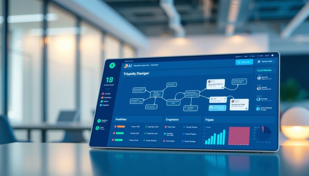 A sleek email marketing automation dashboard featuring visually engaging trigger workflows, prominently displayed in the foreground. The dashboard showcases colorful icons representing various email triggers, like user sign-ups, abandoned carts, and campaign responses. In the middle ground, a vibrant flowchart depicts interconnected nodes illustrating automated email sequences in a clean, modern design. The background includes a soft-focus office environment with subtle lighting, accentuating a professional atmosphere. The dashboard is viewed from an angled perspective, giving depth to the composition. The overall mood is efficient and innovative, capturing the essence of AI in optimizing email campaigns, with a serene blue and green color palette to convey tranquility and professionalism. No text, captions, or branding elements present.