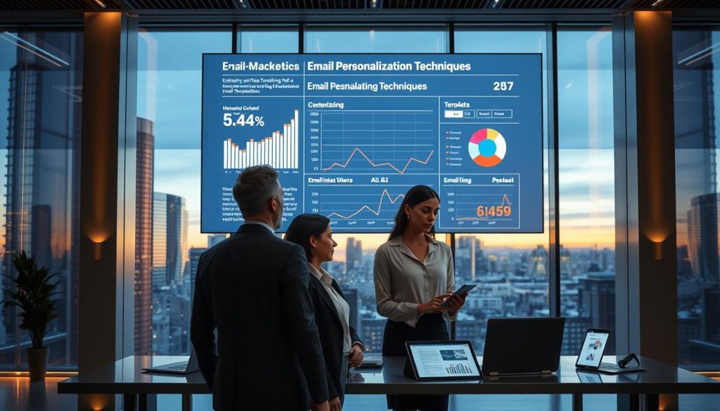 A sleek, futuristic office environment with a large digital screen displaying data analytics related to email personalization techniques. In the foreground, a diverse group of three professionals, one man and two women, are engaged in discussion, dressed in business attire. The middle ground features a modern workstation with visible elements like a laptop, tablets showing graphs, and email templates. Soft, ambient lighting casts a warm glow across the workspace, while the background reveals large windows with an urban cityscape reflecting a twilight sky. The atmosphere is collaborative and innovative, emphasizing the cutting-edge future of AI in email marketing.