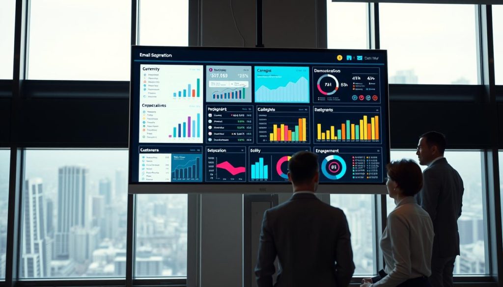 A sleek, high-tech email segmentation dashboard displayed on a large monitor in a modern office environment. The foreground features a dynamic interface with colorful graphs, charts, and metrics showcasing real-time customer classifications, including demographic data and engagement levels. The middle ground includes a diverse group of professionals in business attire, intently analyzing the data on the screen, demonstrating a collaborative atmosphere. In the background, a large city skyline is visible through glass windows, with soft, ambient light illuminating the space. The scene captures a sense of urgency and innovation, emphasizing the importance of dynamic segmentation and real-time adjustments in email marketing strategies. The focus is on clarity, modernity, and professionalism. A sleek, high-tech email segmentation dashboard displayed on a large monitor in a modern office environment. The foreground features a dynamic interface with colorful graphs, charts, and metrics showcasing real-time customer classifications, including demographic data and engagement levels. The middle ground includes a diverse group of professionals in business attire, intently analyzing the data on the screen, demonstrating a collaborative atmosphere. In the background, a large city skyline is visible through glass windows, with soft, ambient light illuminating the space. The scene captures a sense of urgency and innovation, emphasizing the importance of dynamic segmentation and real-time adjustments in email marketing strategies. The focus is on clarity, modernity, and professionalism.