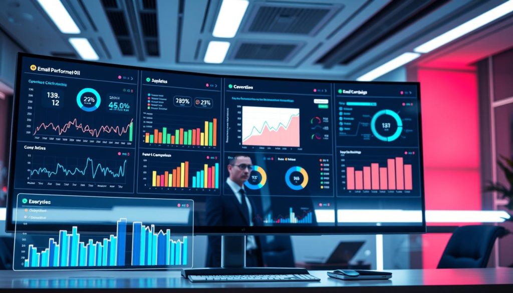 A sleek, modern AI dashboard displaying intricate performance metrics of an email campaign ROI analysis. In the foreground, vibrant graphs and charts illustrate various key performance indicators, including open rates, click-through rates, and conversions, presented in a visually appealing manner. The middle layer features a steady, focused view of a professional business analyst in formal attire, thoughtfully observing the dashboard on a high-tech monitor, surrounded by digital elements depicting AI algorithms. The background showcases a futuristic office setting with soft ambient lighting that creates a productive atmosphere, highlighting a blend of technology and analytics. The overall mood conveys a sense of innovation, precision, and strategic insight into email marketing effectiveness.