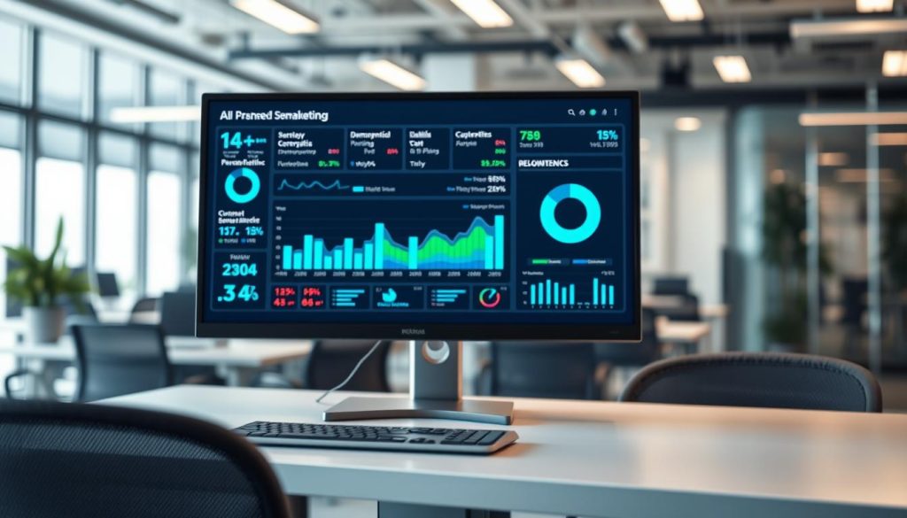A sleek, modern AI dashboard displaying personalized email marketing statistics. In the foreground, show interactive graphs and charts illustrating customer segmentation by demographics and behavior, using vibrant colors like blue and green. The middle layer features a computer screen on a stylish desk, reflecting dynamic data visualizations with animated elements. In the background, a blurred office environment with soft lighting creates a professional atmosphere, emphasizing productivity. The image should have a clean, polished look, captured from a slightly elevated angle to convey depth. The overall mood is innovative and focused, highlighting the effectiveness of AI in optimizing email campaigns. No human subjects present.