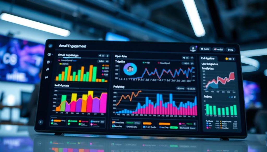 A sleek, modern AI dashboard displaying vibrant email engagement metrics, focusing on key indicators such as open rates, click-through rates, and user engagement graphs. In the foreground, an interactive data visualizer features colorful bar and line charts with smooth animations. The middle layer showcases detailed analytics with icons representing email campaigns and audience demographics. The background is a blurred, high-tech office environment with large screens displaying data trends, illuminated by soft blue and white lighting. The scene conveys a professional and innovative atmosphere, taken from a slightly elevated angle to emphasize the dashboard’s features and the importance of measuring email engagement. A sleek, modern AI dashboard displaying vibrant email engagement metrics, focusing on key indicators such as open rates, click-through rates, and user engagement graphs. In the foreground, an interactive data visualizer features colorful bar and line charts with smooth animations. The middle layer showcases detailed analytics with icons representing email campaigns and audience demographics. The background is a blurred, high-tech office environment with large screens displaying data trends, illuminated by soft blue and white lighting. The scene conveys a professional and innovative atmosphere, taken from a slightly elevated angle to emphasize the dashboard’s features and the importance of measuring email engagement.