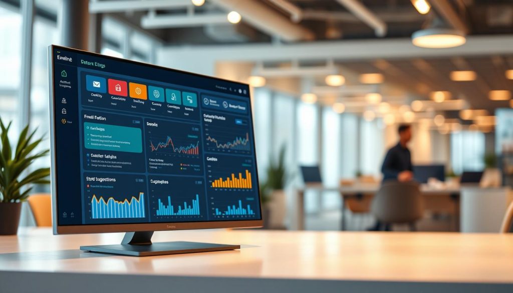 A sleek, modern AI-powered email rewriting software dashboard takes center stage, showcasing an intuitive interface filled with dynamic features for email editing. The foreground displays a detailed screen with color-coded sections representing different machine learning capabilities, such as context analysis and style suggestions. In the middle ground, data visualizations like graphs and charts illustrate performance metrics and user engagement. The background features a softly blurred office environment, enhancing a corporate atmosphere with warm ambient lighting. The scene is viewed from a slightly elevated angle, emphasizing the dashboard's advanced technology, while creating a professional and innovative mood. The overall composition is clean and uncluttered, designed to evoke the future of email communication.