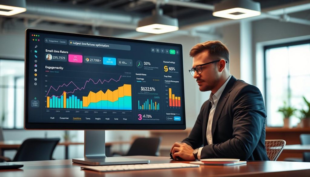 A sleek, modern AI subject line optimization dashboard displayed on a high-resolution computer screen. In the foreground, vibrant graphs and charts showcasing email open rates and engagement metrics, designed in a clean, user-friendly interface. The middle ground features a professional business analyst in smart attire, intently analyzing the dashboard data with a thoughtful expression. The background is an inspiring office environment with soft ambient lighting and minimalistic design elements, emphasizing a tech-savvy atmosphere. The scene is illuminated with natural light coming through large windows, casting a warm glow. The overall mood is focused and innovative, highlighting the intersection of technology and effective communication.