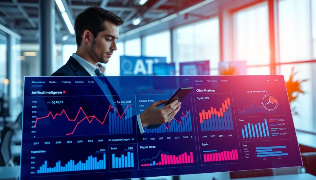 A sleek, modern artificial intelligence email optimization dashboard displayed prominently in the foreground. The dashboard features vibrant graphs and analytics with various metrics indicating email performance, such as open rates and click-through rates. In the middle ground, a professional business person in smart attire focuses on the data, tapping on a digital tablet, surrounded by holographic screens displaying AI-driven strategies. The background features a contemporary office space with soft blue ambient lighting and large windows that allow natural light to filter in, creating an inspiring atmosphere. The overall mood is one of innovation and efficiency, capturing the essence of AI's role in enhancing marketing effectiveness. The viewpoint is slightly elevated, providing a comprehensive perspective of the dashboard and the engaging work environment.