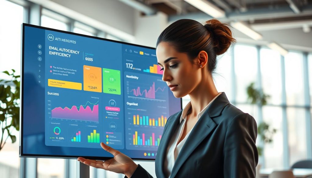 A sleek, modern automated email efficiency dashboard prominently displayed on a high-resolution digital screen. In the foreground, there's a professional businesswoman, dressed in a smart suit, looking intently at the dashboard, interacting with futuristic interface elements. The middle ground features vibrant success metrics, icons representing email automation such as speed, accessibility, and organization, and colorful graphs illustrating efficiency improvements. In the background, a bright, airy office space with large windows allows natural light to flood in, creating an optimistic atmosphere. The scene is portrayed with a soft focus, enhancing depth, and conveying a sense of innovation and productivity. The overall mood is positive, emphasizing the transformative benefits of AI in email generation. A sleek, modern automated email efficiency dashboard prominently displayed on a high-resolution digital screen. In the foreground, there's a professional businesswoman, dressed in a smart suit, looking intently at the dashboard, interacting with futuristic interface elements. The middle ground features vibrant success metrics, icons representing email automation such as speed, accessibility, and organization, and colorful graphs illustrating efficiency improvements. In the background, a bright, airy office space with large windows allows natural light to flood in, creating an optimistic atmosphere. The scene is portrayed with a soft focus, enhancing depth, and conveying a sense of innovation and productivity. The overall mood is positive, emphasizing the transformative benefits of AI in email generation.