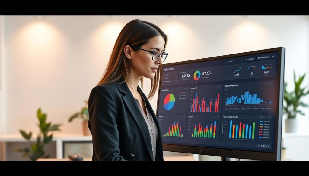 A sleek, modern dashboard displaying the benefits of AI-powered email optimization. In the foreground, the dashboard features colorful, interactive charts and graphs illustrating metrics like open rates, click-through rates, and engagement over time. The middle ground includes a professional woman in business attire, analyzing the dashboard on a high-resolution monitor, her expression thoughtful and engaged. The background is a contemporary office environment with soft lighting, showcasing minimalistic décor and plants for a calm atmosphere. The image captures a sense of innovation and efficiency, emphasizing the partnership between AI technology and marketing strategies. Create a perspective that highlights the dashboard in focus, with a warm and inviting color palette to evoke optimism.