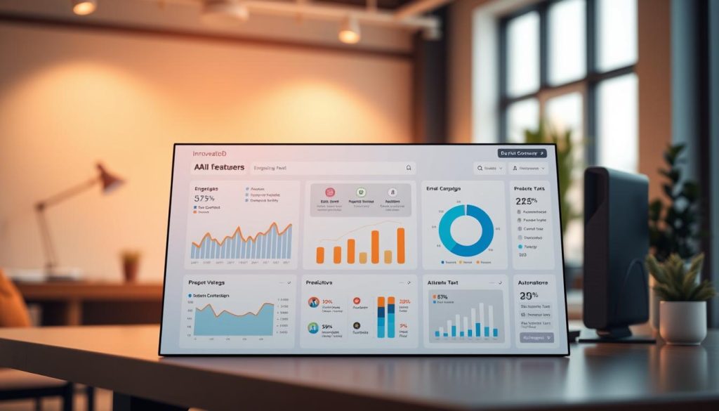 A sleek, modern dashboard interface designed for email content creation AI automation sits prominently in the foreground, showcasing various vibrant graphs and analytics on engagement metrics, email campaign performance, and automation workflows. The middle layer features icons representing AI features like predictive text and content suggestions, elegantly arranged in a user-friendly layout. In the background, a soft-focus office environment with warm lighting creates a professional atmosphere, highlighting a minimalist workspace with a personal computer and stationery. The overall scene conveys innovation and efficiency, encouraging a sense of productivity and advanced technology. The angle is a slightly elevated view, allowing for a comprehensive look at the dashboard's features without any text or overlays.