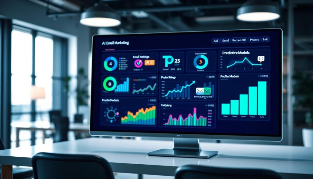 A sleek, modern dashboard interface displaying email marketing AI tools, showcasing predictive analytics in vibrant colors. In the foreground, various charts and graphs illustrate engagement metrics and predictive models, with icons representing AI technology and email campaigns. The middle layer features a large screen monitor with smooth, rounded edges, glowing softly to emphasize its high-tech nature. In the background, a blurred office environment with contemporary décor and soft lighting creates a professional atmosphere. The mood is focused and innovative, capturing the essence of advanced technology in marketing. Soft shadows enhance the visual depth, with a cool color palette of blues and greens to suggest a sense of trust and sophistication.