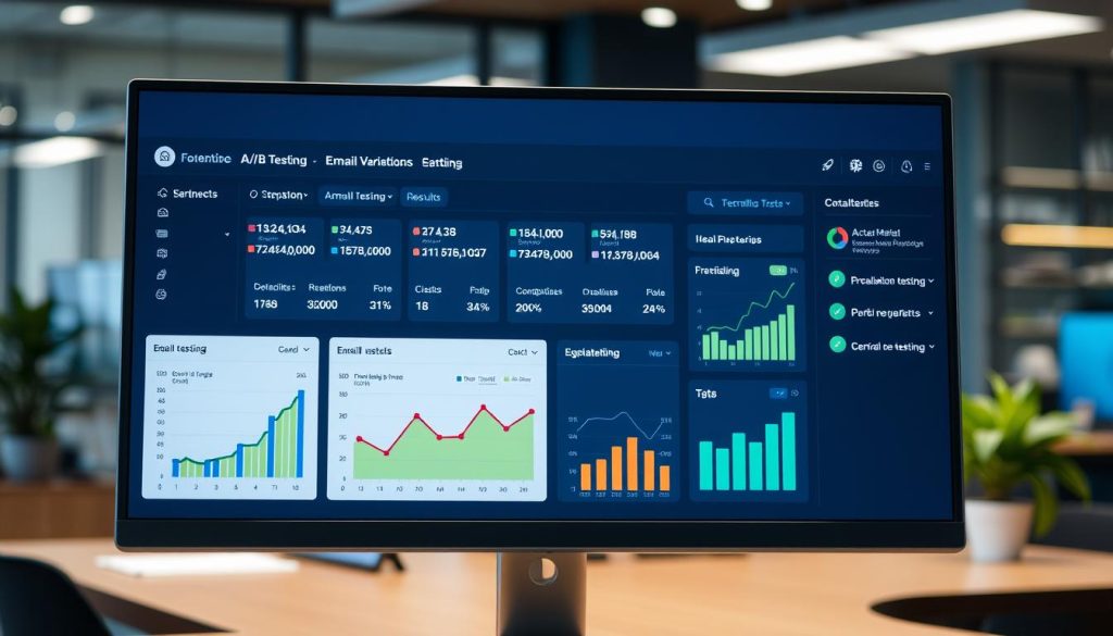 A sleek, modern dashboard interface for an automated testing platform, prominently displayed on a high-resolution computer screen. The foreground features a series of colorful graphs and charts analyzing email variations, with interactive widgets showing A/B testing results. The middle layer includes user-friendly navigation menus and icons, showcasing tools for tracking performance metrics. The background displays a soft-focus office environment with ambient lighting, highlighting a professional atmosphere. The color palette consists of blues and greens, conveying a tech-savvy, innovative feel. The scene captures the essence of advanced AI tools used for email testing, emphasizing functionality and clarity, with a touch of modern sophistication, while avoiding any text or branding elements. A sleek, modern dashboard interface for an automated testing platform, prominently displayed on a high-resolution computer screen. The foreground features a series of colorful graphs and charts analyzing email variations, with interactive widgets showing A/B testing results. The middle layer includes user-friendly navigation menus and icons, showcasing tools for tracking performance metrics. The background displays a soft-focus office environment with ambient lighting, highlighting a professional atmosphere. The color palette consists of blues and greens, conveying a tech-savvy, innovative feel. The scene captures the essence of advanced AI tools used for email testing, emphasizing functionality and clarity, with a touch of modern sophistication, while avoiding any text or branding elements.