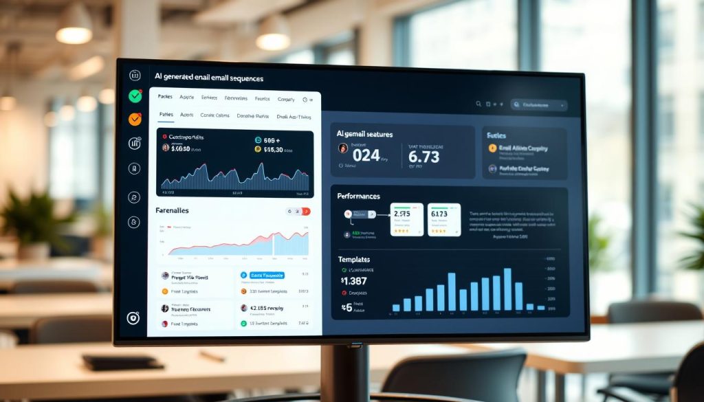 A sleek, modern dashboard interface of an AI email platform, prominently displayed on a digital screen. The foreground features interactive elements like analytics graphs, email campaign timelines, and user-friendly buttons showcasing automation features. In the middle layer, a clear visualization of AI-generated email sequences is presented, such as customizable templates and performance metrics. The background includes a soft-focus office environment with ambient lighting, emphasizing a professional atmosphere. The lens perspective is slightly angled to enhance depth, capturing the high-tech aesthetic of the interface. The overall mood is innovative and efficient, reflecting a state-of-the-art AI tool designed for seamless email sequence generation. A sleek, modern dashboard interface of an AI email platform, prominently displayed on a digital screen. The foreground features interactive elements like analytics graphs, email campaign timelines, and user-friendly buttons showcasing automation features. In the middle layer, a clear visualization of AI-generated email sequences is presented, such as customizable templates and performance metrics. The background includes a soft-focus office environment with ambient lighting, emphasizing a professional atmosphere. The lens perspective is slightly angled to enhance depth, capturing the high-tech aesthetic of the interface. The overall mood is innovative and efficient, reflecting a state-of-the-art AI tool designed for seamless email sequence generation.