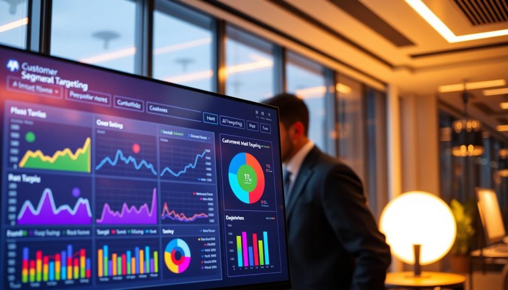 A sleek, modern dashboard screen displaying customer segmentation AI behavioral targeting metrics. In the foreground, vivid graphs and colorful pie charts illustrate various customer demographics and engagement statistics, featuring high-contrast colors for clarity. In the middle ground, a professional user in business attire analyzes the data, gently leaning towards the screen, with a look of concentration and curiosity. The background features a futuristic office environment with soft lighting emanating from overhead fixtures, creating a warm and inviting atmosphere. A large window reveals a city skyline at dusk, casting a soft glow that enhances the tech-driven feel. The overall mood is focused and innovative, showcasing the power of AI in personalizing marketing strategies. A sleek, modern dashboard screen displaying customer segmentation AI behavioral targeting metrics. In the foreground, vivid graphs and colorful pie charts illustrate various customer demographics and engagement statistics, featuring high-contrast colors for clarity. In the middle ground, a professional user in business attire analyzes the data, gently leaning towards the screen, with a look of concentration and curiosity. The background features a futuristic office environment with soft lighting emanating from overhead fixtures, creating a warm and inviting atmosphere. A large window reveals a city skyline at dusk, casting a soft glow that enhances the tech-driven feel. The overall mood is focused and innovative, showcasing the power of AI in personalizing marketing strategies.