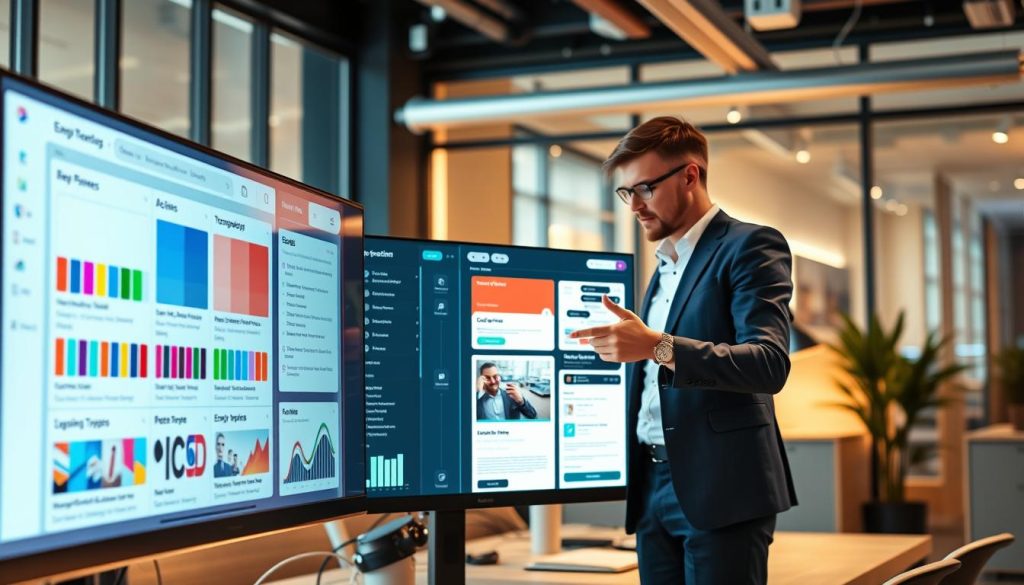 A sleek, modern email AI customization dashboard set in a tech-savvy office environment. In the foreground, a large computer screen displays vibrant graphical user interface elements, showcasing various personalization options like color palettes, typography choices, and template previews. In the middle, a professional wearing business attire is interacting with the dashboard, analyzing the options with a thoughtful expression. The background features high-tech décor, with soft lighting that casts a warm glow on the workspace, emphasizing innovation and creativity. A subtle bokeh effect enhances the background, ensuring the focus remains on the interface and the user's engagement. The overall mood conveys a sense of professionalism and forward-thinking technology, inviting viewers to explore the endless possibilities of AI email customization. A sleek, modern email AI customization dashboard set in a tech-savvy office environment. In the foreground, a large computer screen displays vibrant graphical user interface elements, showcasing various personalization options like color palettes, typography choices, and template previews. In the middle, a professional wearing business attire is interacting with the dashboard, analyzing the options with a thoughtful expression. The background features high-tech décor, with soft lighting that casts a warm glow on the workspace, emphasizing innovation and creativity. A subtle bokeh effect enhances the background, ensuring the focus remains on the interface and the user's engagement. The overall mood conveys a sense of professionalism and forward-thinking technology, inviting viewers to explore the endless possibilities of AI email customization.